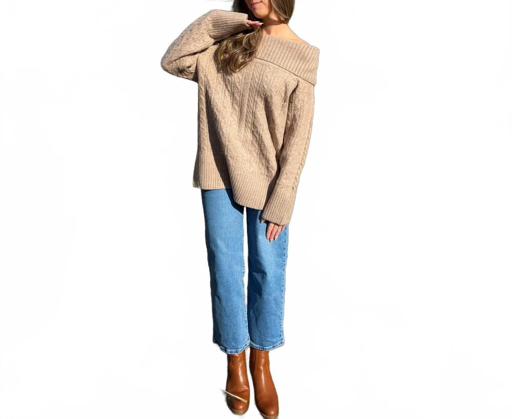 NEW LE LIS cozy cable off shoulder sweater in tan